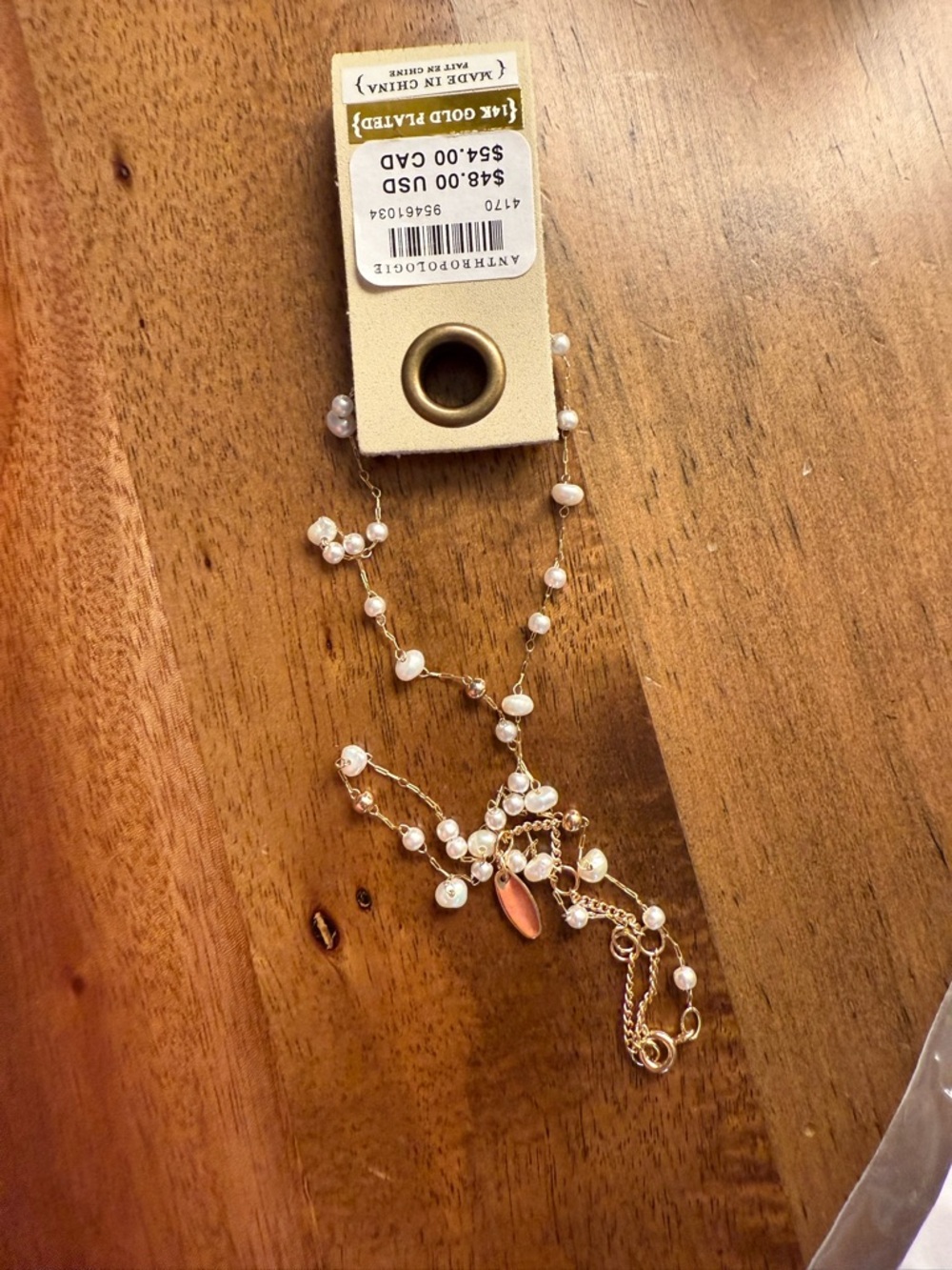 Anthropologie Gold Tone Pearl Dangle Necklace